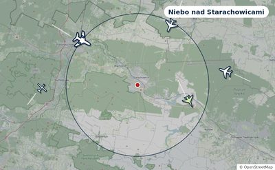 Mapa okolic miasta z sylwetkami samolotów — Niebo nad Starachowicami na żywo