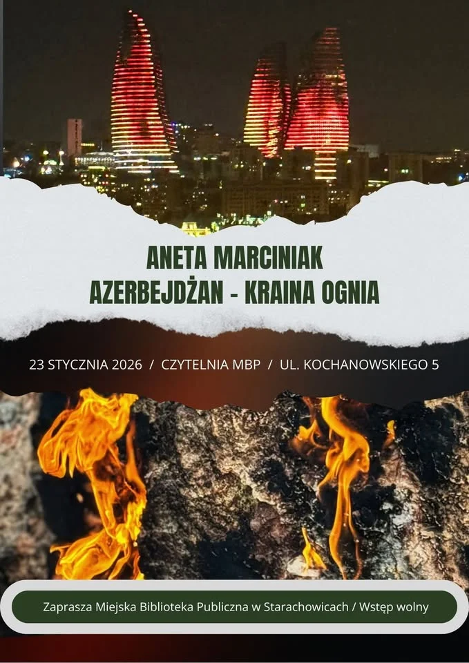 Grafika promocyjna wydarzenia Azerbejdżan – kraina ognia: spotkanie podróżnicze z Anetą Marciniak