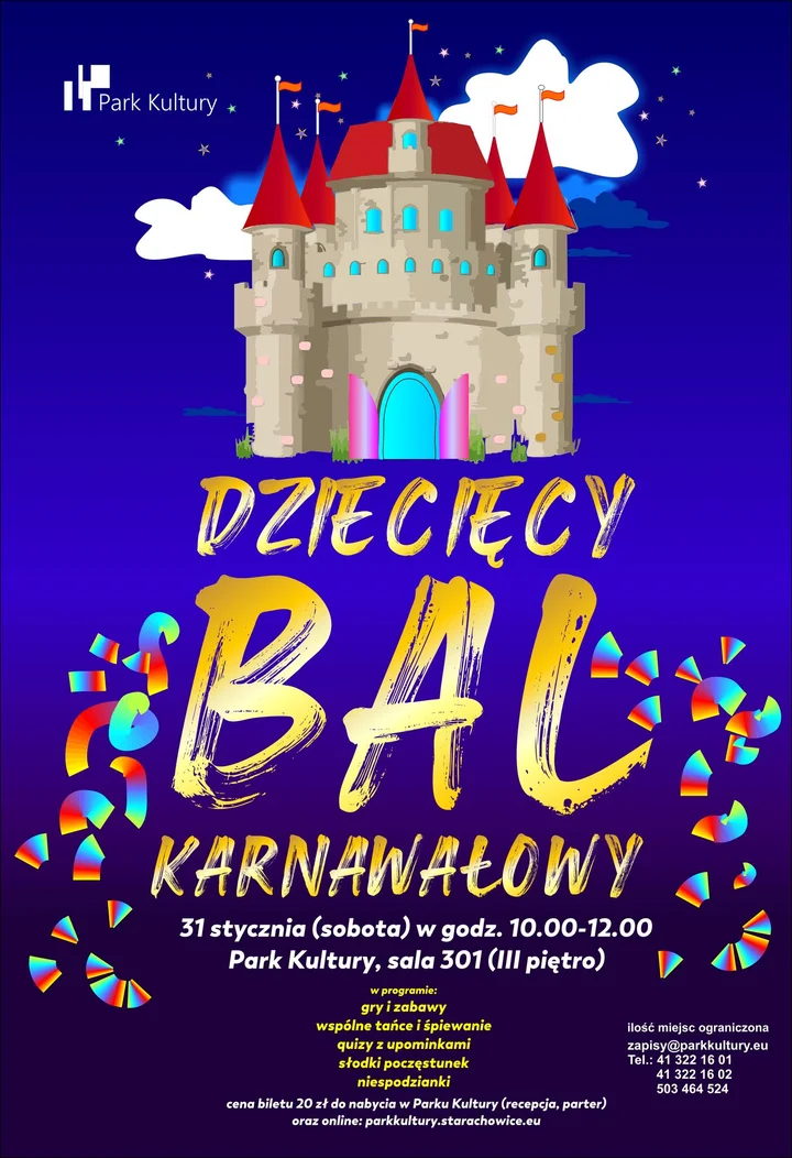 Grafika promocyjna wydarzenia Dziecięcy BAL KARNAWAŁOWY w Parku Kultury