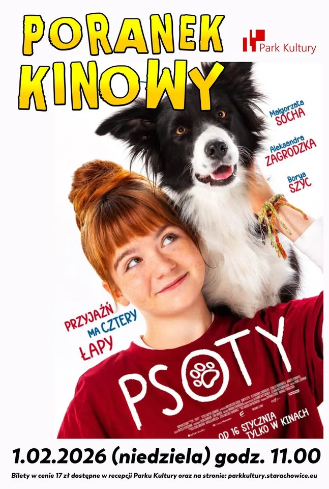 Grafika promocyjna wydarzenia Dziecięcy Poranek Kinowy w Parku Kultury: „Psoty” — 1 lutego 2026