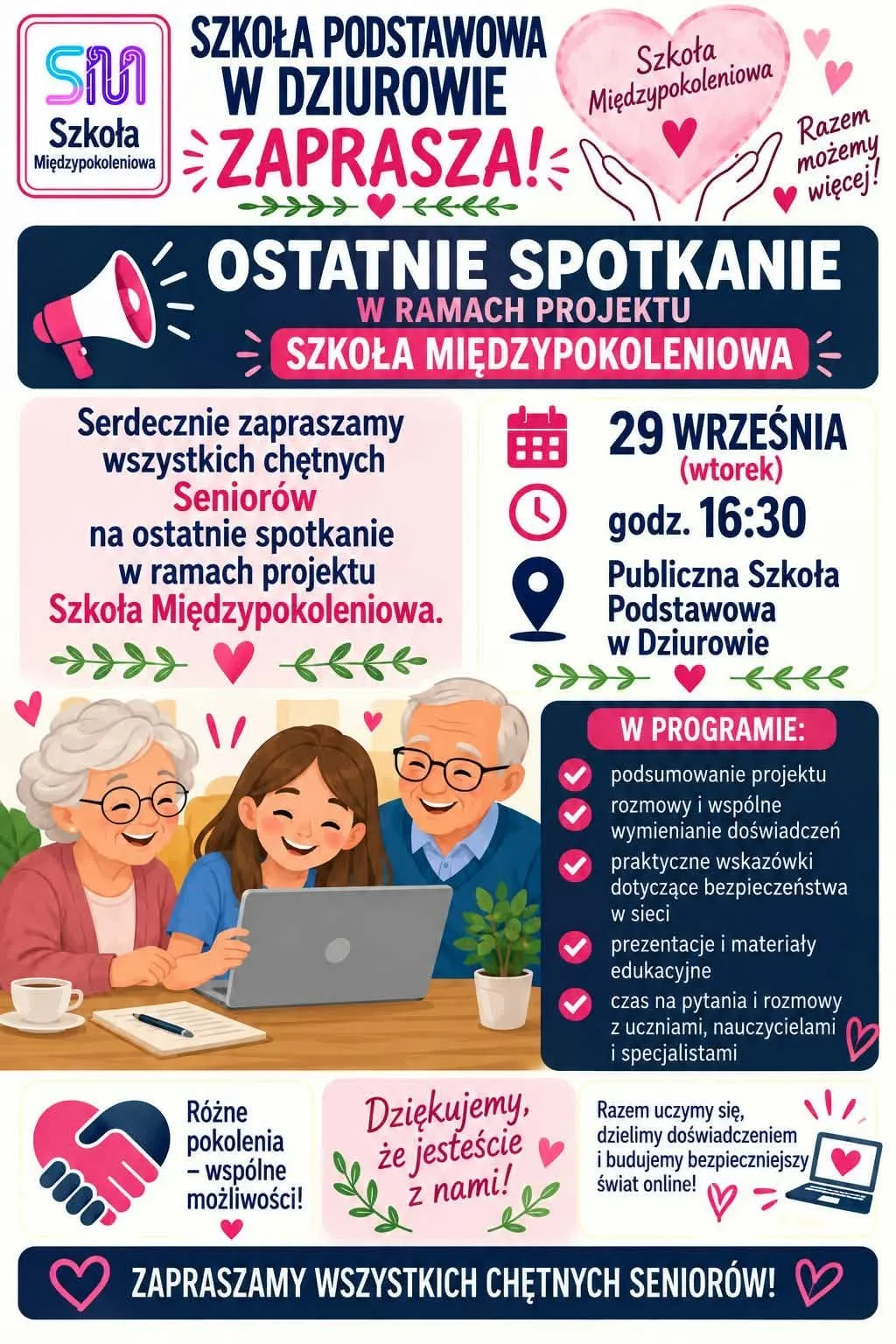 Grafika promocyjna wydarzenia Finał projektu „Szkoła Międzypokoleniowa” w PSP Dziurów