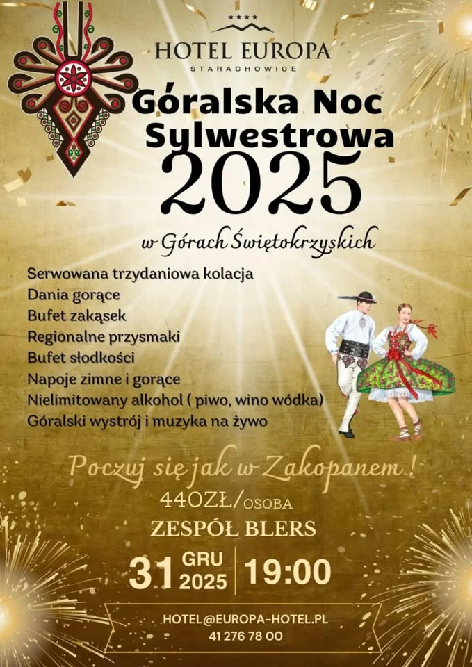 Grafika promocyjna wydarzenia Góralska Noc Sylwestrowa 2025 w Hotelu Europa