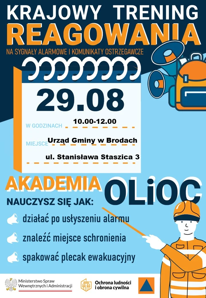 Grafika promocyjna wydarzenia Krajowy Trening Reagowania Akademii OLiOC – punkt edukacyjny w Urzędzie Gminy w Brodach