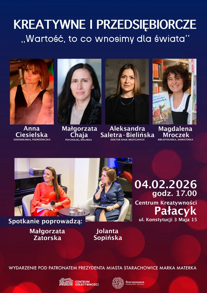 Grafika promocyjna wydarzenia Kreatywne i Przedsiębiorcze „Wartość, to co wnosimy dla świata” — rozmowy o pasji, odwadze i wpływie