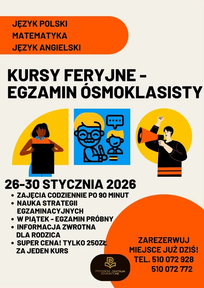 Grafika promocyjna wydarzenia Kurs feryjny „Egzamin ósmoklasisty” — Progress Centrum Edukacyjne