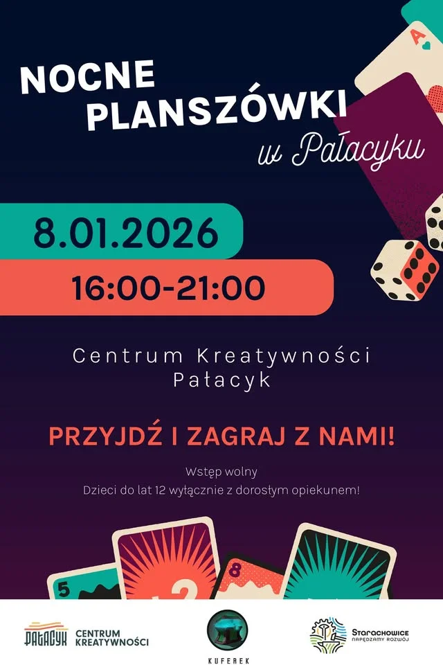 Grafika promocyjna wydarzenia Planszówki z Kuferkiem z Planszówkami — popołudnie gier w Pałacyku