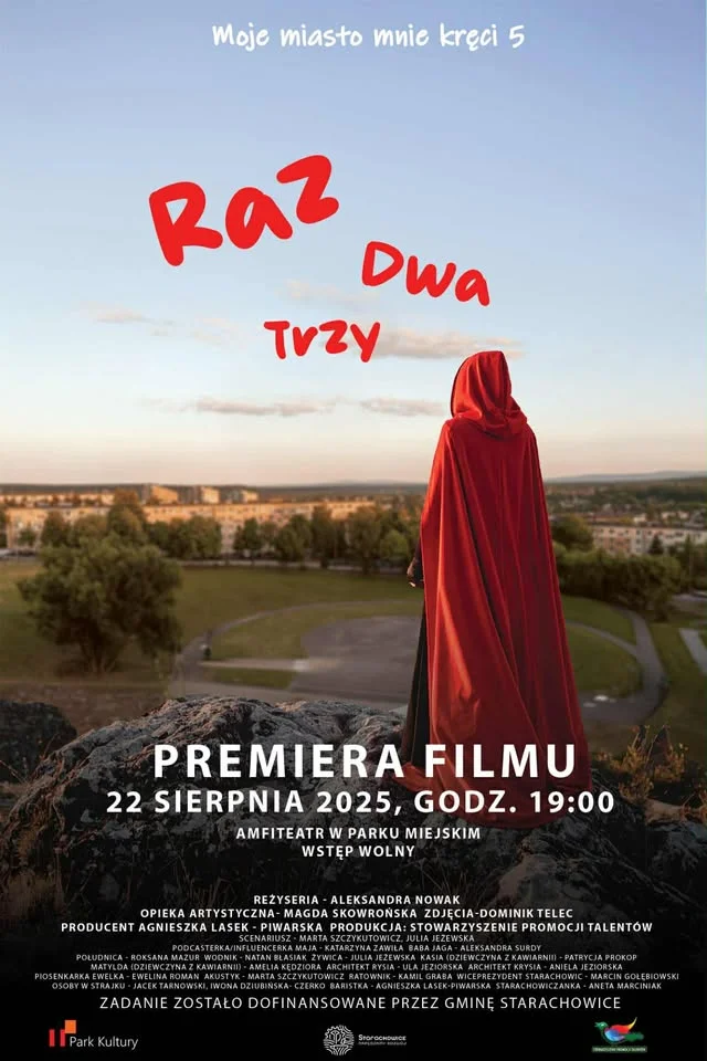Obrazek przedstawia grafikę promocyjną wydarzenia Prapremierowy pokaz filmu młodzieżowego Raz Dwa Trzy w Amfiteatrze Starachowice