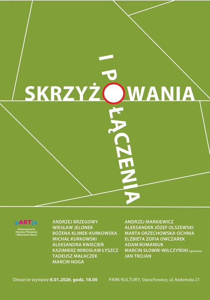 Grafika promocyjna wydarzenia Skrzyżowania i połączenia — wernisaż wystawy w Galerii Foyer
