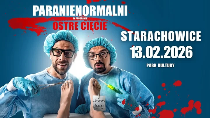 Obrazek przedstawia grafikę promocyjną wydarzenia Kabaret Paranienormalni w Starachowicach z programem „Ostre Cięcie”