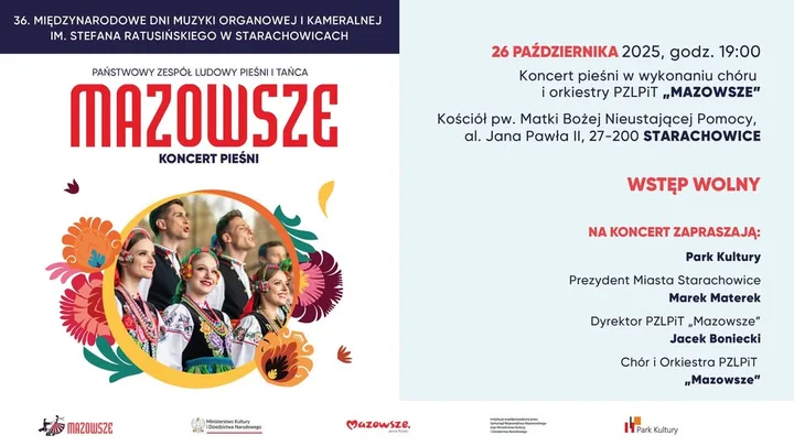 Obrazek przedstawia grafikę promocyjną wydarzenia Koncert pieśni ludowych w wykonaniu chóru i orkiestry „Mazowsze” w Starachowicach