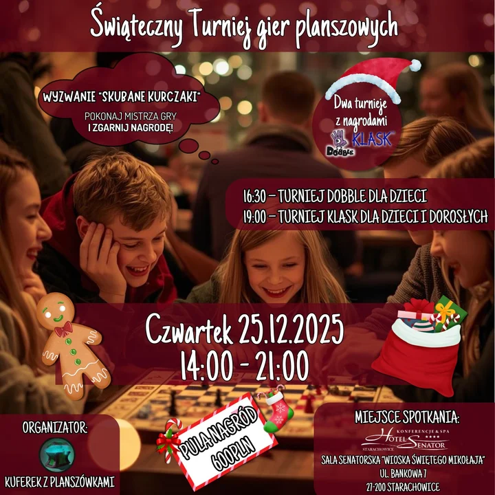 Grafika promocyjna wydarzenia Świąteczny Turniej gier planszowych — warsztaty z profesjonalną kadrą instruktorską