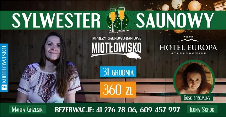 Grafika promocyjna wydarzenia Sylwester Saunowy MIOTŁOWISKO w Hotelu Europa (Starachowice)