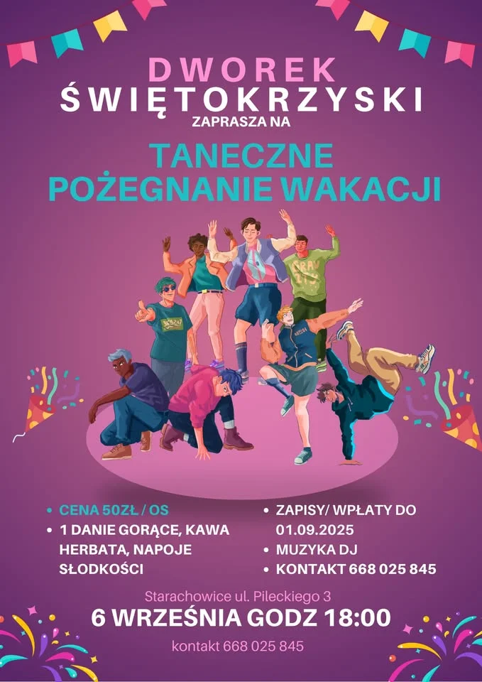 Obrazek przedstawia grafikę promocyjną wydarzenia Letnie pożegnanie przy muzyce i tańcu w Starachowicach