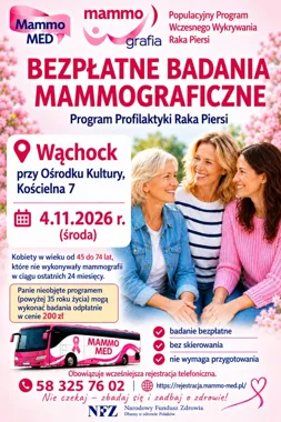 Grafika promocyjna wydarzenia Bezpłatne badania mammograficzne w Wąchocku