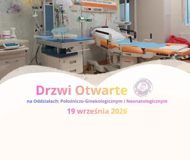 Grafika promocyjna wydarzenia Drzwi Otwarte na Oddziałach Położniczo-Ginekologicznym z Salą Porodową i Neonatologicznym