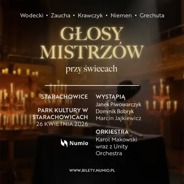 Grafika promocyjna wydarzenia Głosy mistrzów przy świecach — koncert w Parku Kultury w Starachowicach