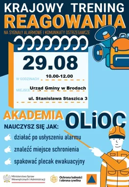 Grafika promocyjna wydarzenia Krajowy Trening Reagowania Akademii OLiOC – punkt edukacyjny w Urzędzie Gminy w Brodach