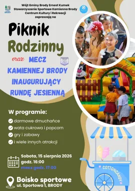 Grafika promocyjna wydarzenia Piknik Rodzinny oraz mecz Kamiennej Brody inaugurujący rundę jesienną