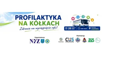 Grafika promocyjna wydarzenia Profilaktyka na kółkach w Starachowicach. Bezpłatne badania, konsultacje i porady zdrowotne
