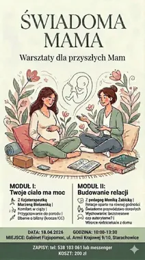 Grafika promocyjna wydarzenia Warsztat Świadoma Mama w Starachowicach – fizjoterapia uroginekologiczna i pedagogika bliskości