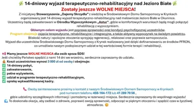 Grafika promocyjna wydarzenia Wyjazd terapeutyczno-rehabilitacyjny nad Jezioro Białe
