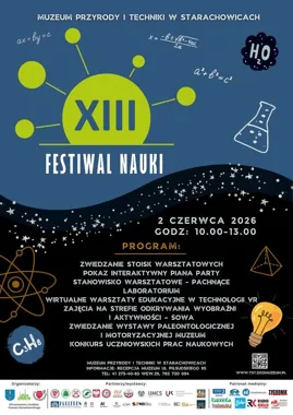 Grafika promocyjna wydarzenia XIII Festiwal Nauki w Starachowicach – naukowe pokazy i doświadczenia w Muzeum Przyrody i Techniki