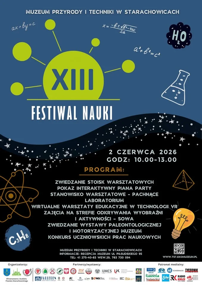 Grafika promocyjna wydarzenia XIII Festiwal Nauki w Starachowicach – naukowe pokazy i doświadczenia w Muzeum Przyrody i Techniki