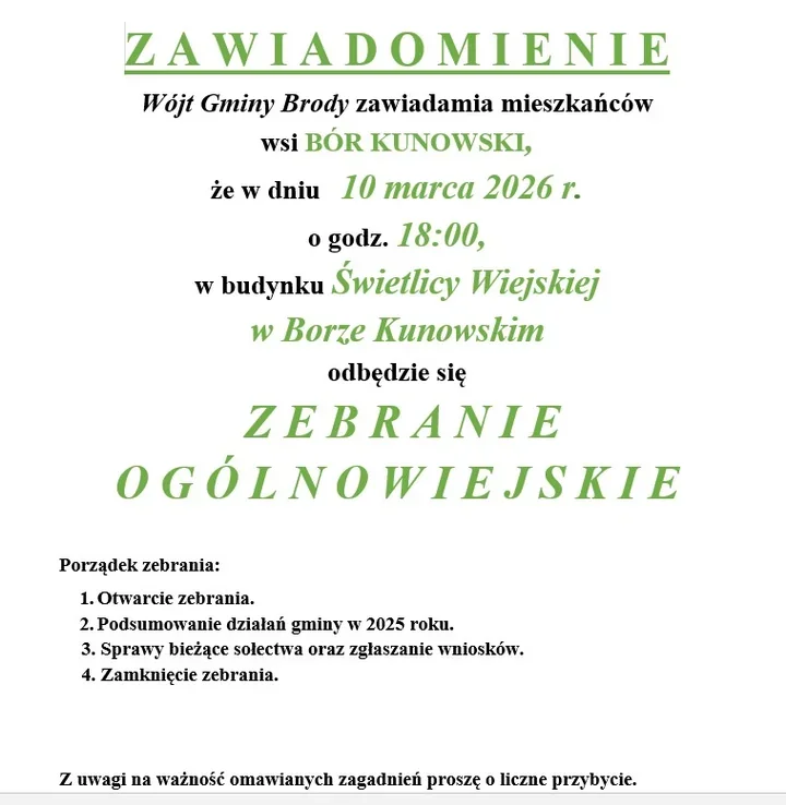 Mieszkańcy Boru Kunowskiego zaproszeni na wiejskie zebranie o planach gminy