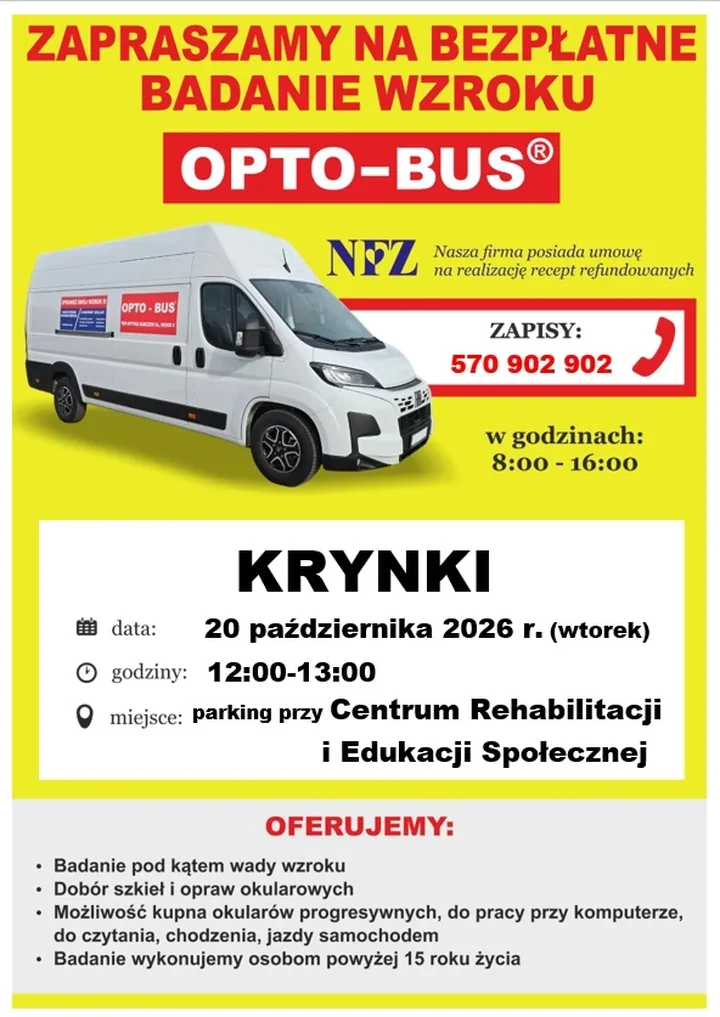 Bezpłatne badanie wzroku w Krynkach. Przyjedzie OPTO-BUS