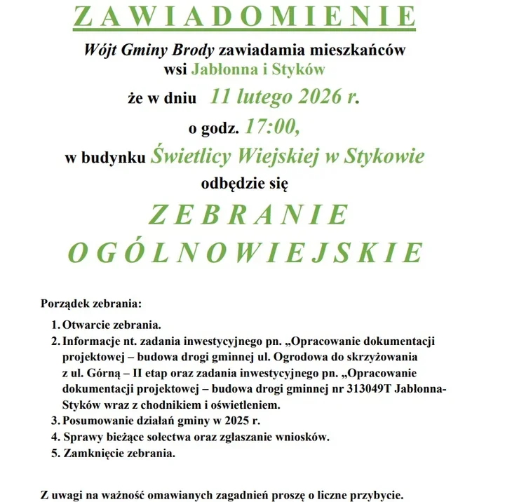 Mieszkańcy Jabłonnej i Stykowa zaproszeni na zebranie o planach drogowych