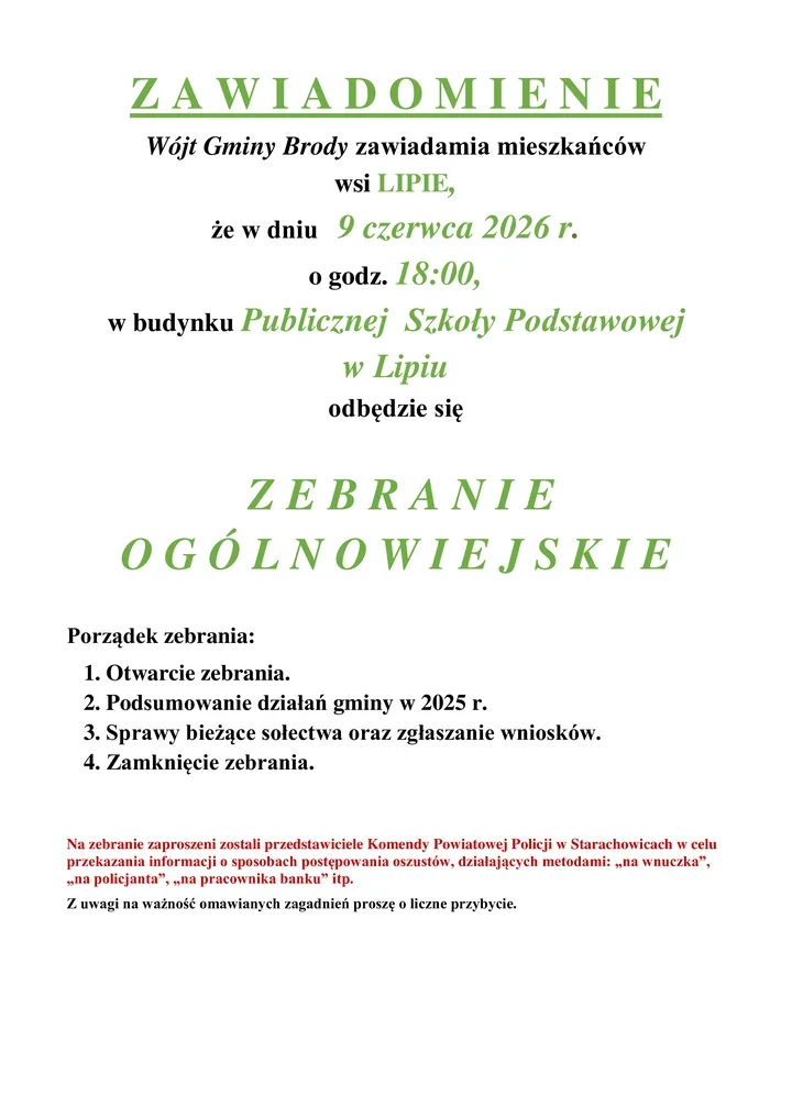 Zebranie w Lipiu. Policja ostrzeże przed oszustami "na wnuczka
