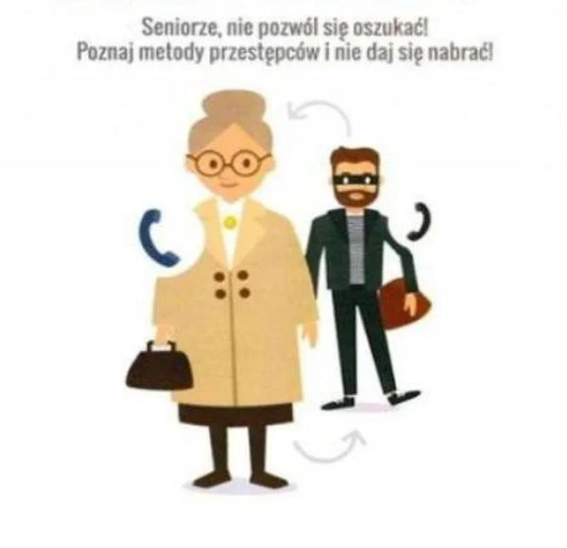 Grafika informacyjna przedstawia starszą kobietę z torebką oraz stojącego za nią mężczyznę w masce z torbą, zachęcająca seniorów do poznania metod oszustów.