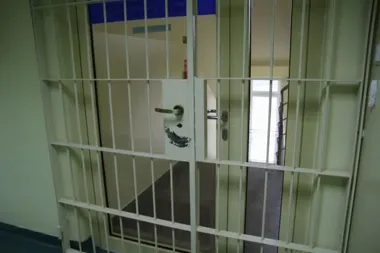 Biała metalowa krata z drzwiami prowadzi do korytarza o jasnozielonych ścianach i oknem w głębi.