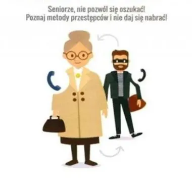 Grafika informacyjna przedstawia starszą kobietę z torebką oraz stojącego za nią mężczyznę w masce z torbą, zachęcająca seniorów do poznania metod oszustów.